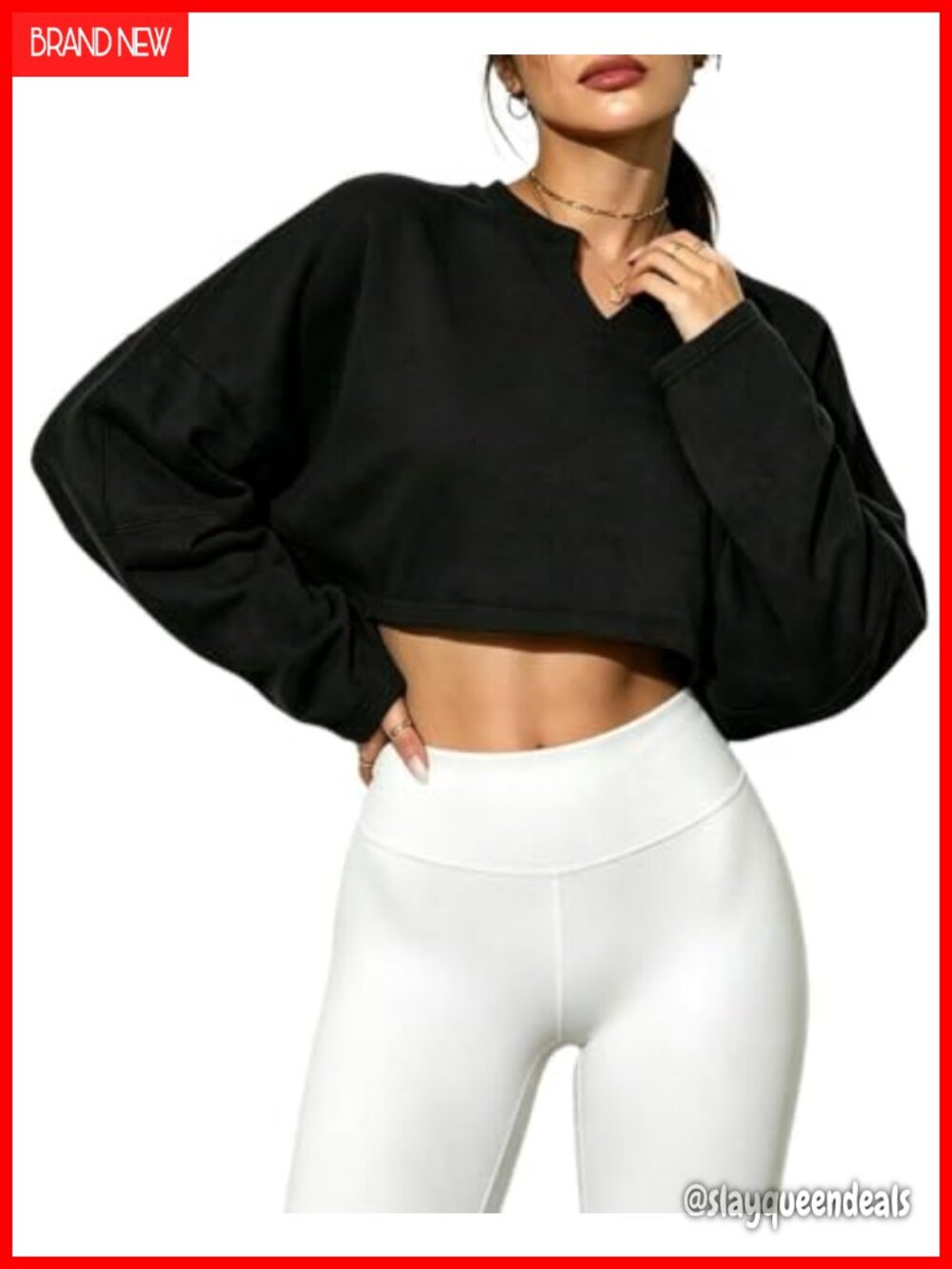Womens Cropped Sweatshirt V-Neck Long Sleeve Pullover Cotton Blend
